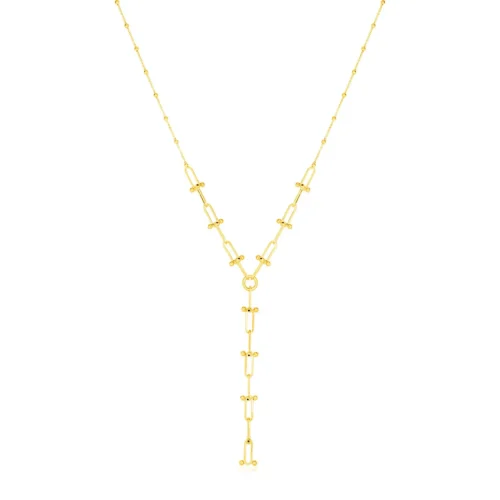 14k Yellow Gold Beaded U Link Chain Lariat Necklace