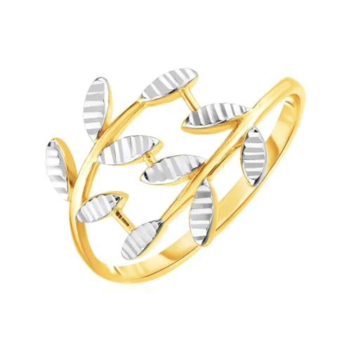14k Two Tone Gold Crossover Ring with Textured Leaves - Image 2