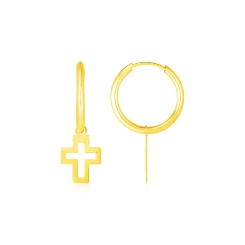 Elegant 14K Yellow Gold Polished Hoop Earrings with Cross Charms 25.4x15.1mm