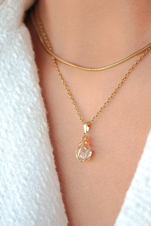 "Malena" | 24K CZ Tear Drop Cage Necklace - Image 2