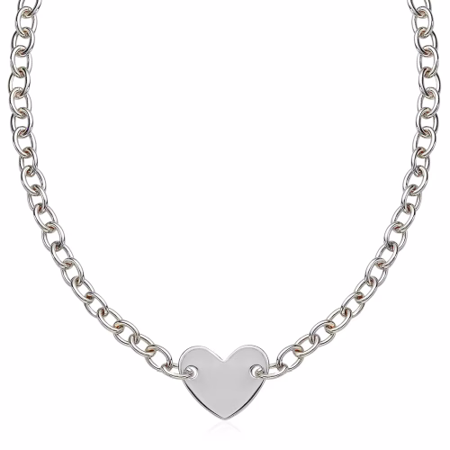 Sterling Silver Rhodium Plated Chain Bracelet with Flat Heart Motif Station, 18 Inches