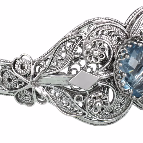 Sterling Silver Filigree Art Blue Topaz Gemstone Women Cuff Bracelet - Image 3