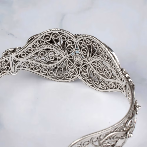Sterling Silver Filigree Art Blue Topaz Gemstone Women Cuff Bracelet - Image 4