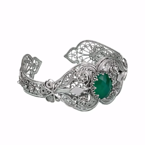 Sterling Silver Filigree Art Green Agate Gemstone Women Cuff Bracelet