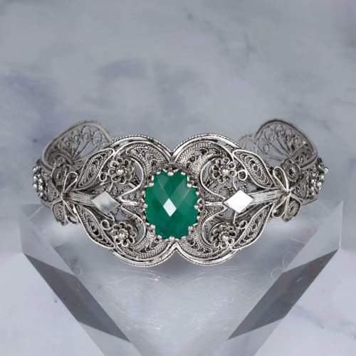 Sterling Silver Filigree Art Green Agate Gemstone Women Cuff Bracelet - Image 4