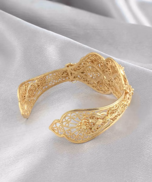 Gold Plated Sterling Silver Filigree Art Blue Topaz Gemstone Women Cuff Bracelet - Image 4