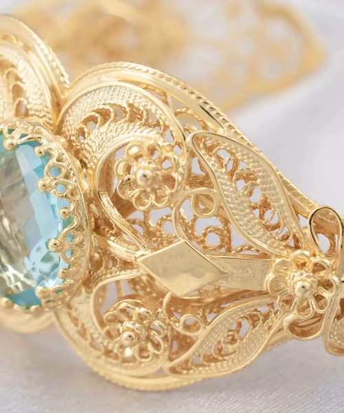 Gold Plated Sterling Silver Filigree Art Blue Topaz Gemstone Women Cuff Bracelet - Image 3