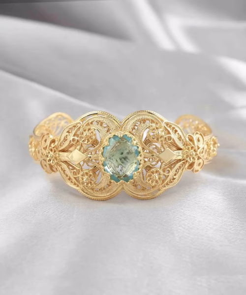 Gold Plated Sterling Silver Filigree Art Blue Topaz Gemstone Women Cuff Bracelet - Image 2