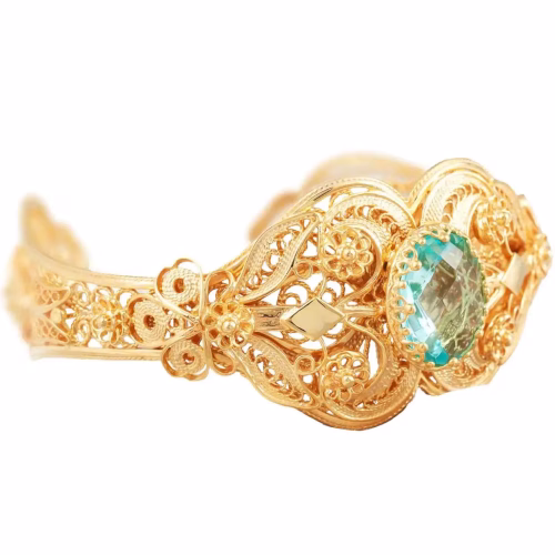 Gold Plated Sterling Silver Filigree Art Blue Topaz Gemstone Women Cuff Bracelet