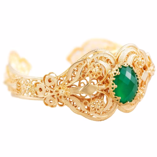 Gold Plated Sterling Silver Filigree Art Green Agate Gemstone Women Cuff Bracelet