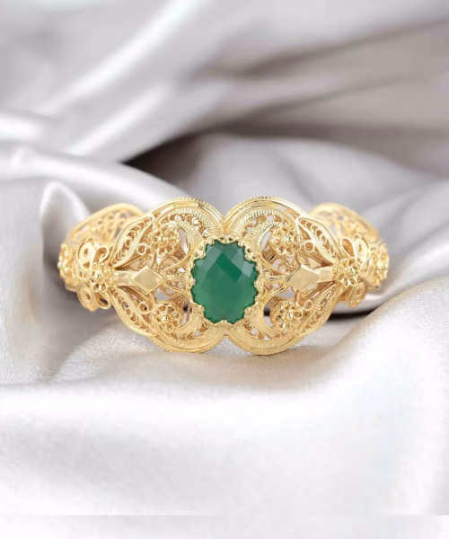 Gold Plated Sterling Silver Filigree Art Green Agate Gemstone Women Cuff Bracelet - Image 2