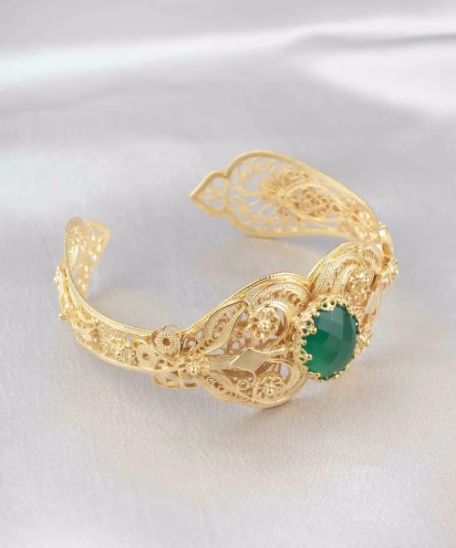 Gold Plated Sterling Silver Filigree Art Green Agate Gemstone Women Cuff Bracelet - Image 4