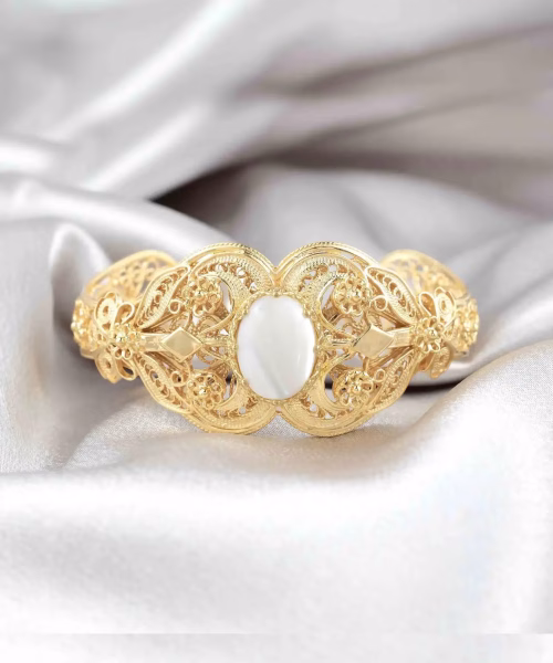 Gold Plated Sterling Silver Filigree Art Mother of Pearl Gemstone Women Cuff Bracelet - Image 2