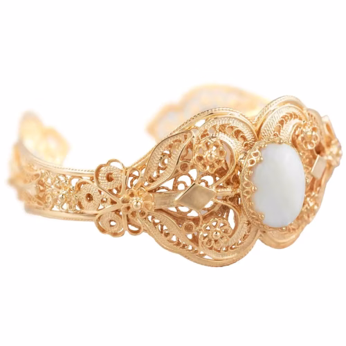 Gold Plated Sterling Silver Filigree Art Mother of Pearl Gemstone Women Cuff Bracelet