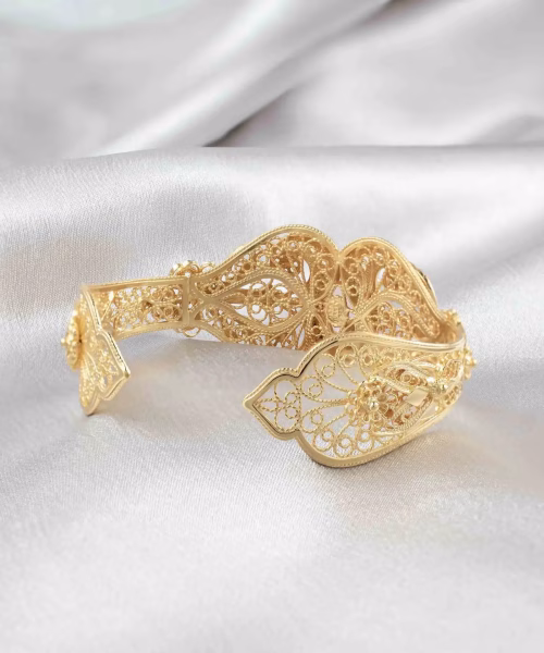 Gold Plated Sterling Silver Filigree Art Rose Quartz Gemstone Women Cuff Bracelet - Image 4