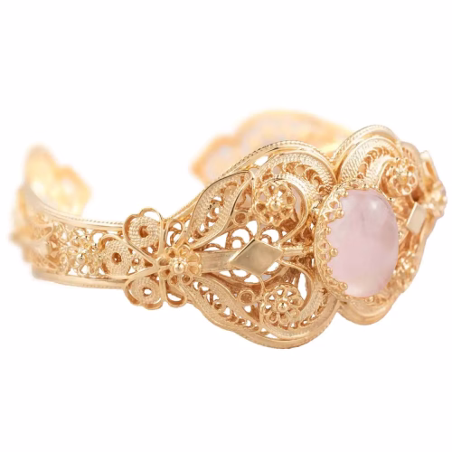 Gold Plated Sterling Silver Filigree Art Rose Quartz Gemstone Women Cuff Bracelet
