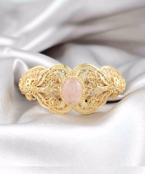 Gold Plated Sterling Silver Filigree Art Rose Quartz Gemstone Women Cuff Bracelet - Image 2