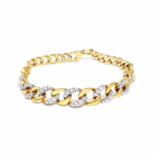 14K Yellow Gold Plated .925 Sterling Silver 1 1/4 Cttw Diamond Cuban Chain Link Bracelet (I-J Color, I3 Clarity)- 7.25"