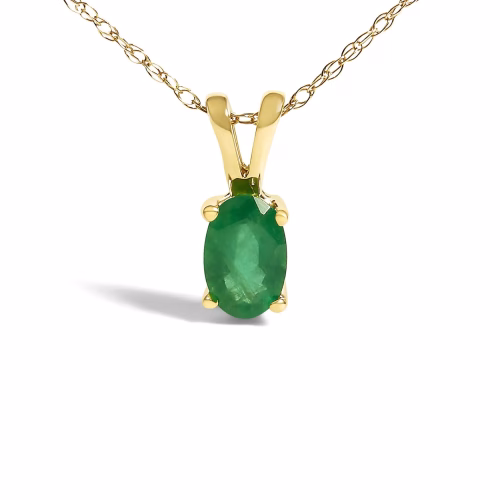 14K Yellow Gold Oval Green Emerald Solitaire Pendant Necklace - 18" Inches - Image 2