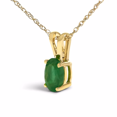 14K Yellow Gold Oval Green Emerald Solitaire Pendant Necklace - 18" Inches - Image 3