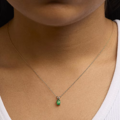 14K Yellow Gold Oval Green Emerald Solitaire Pendant Necklace - 18" Inches - Image 4