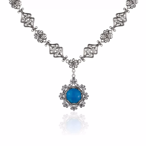 Filigree Art Turquoise Gemstone Women Silver Choker Necklace
