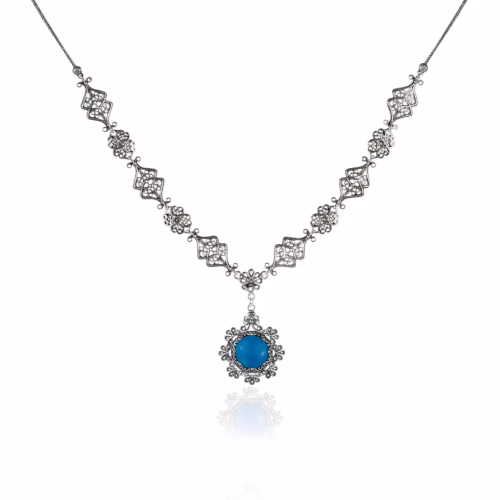 Filigree Art Turquoise Gemstone Women Silver Choker Necklace - Image 2