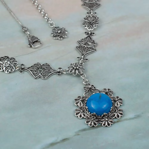 Filigree Art Turquoise Gemstone Women Silver Choker Necklace - Image 3
