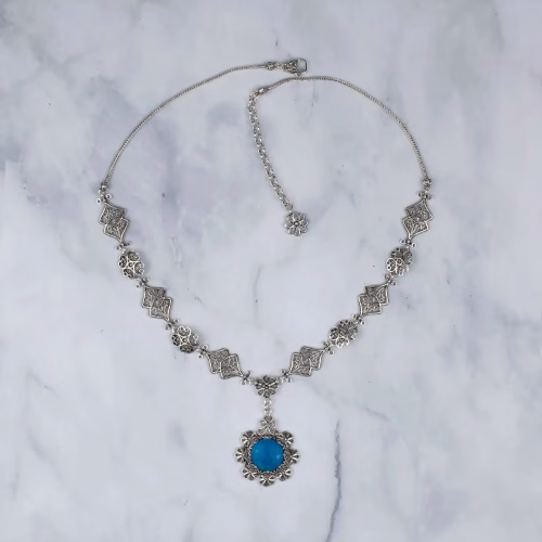 Filigree Art Turquoise Gemstone Women Silver Choker Necklace - Image 4