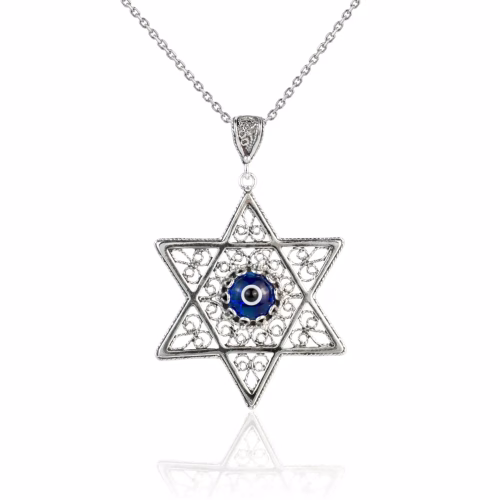 Filigree Art Evil Eye Stone Star of David Women Silver Pendant Necklace