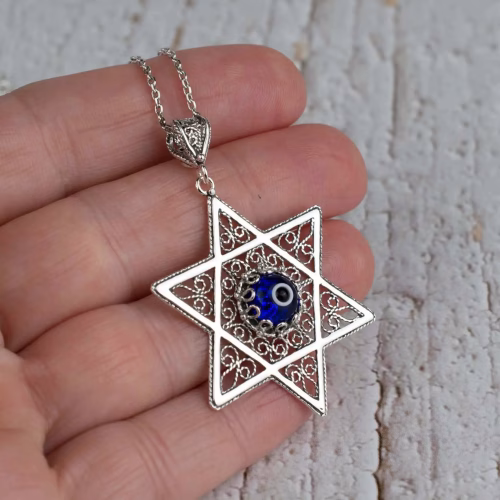 Filigree Art Evil Eye Stone Star of David Women Silver Pendant Necklace - Image 2
