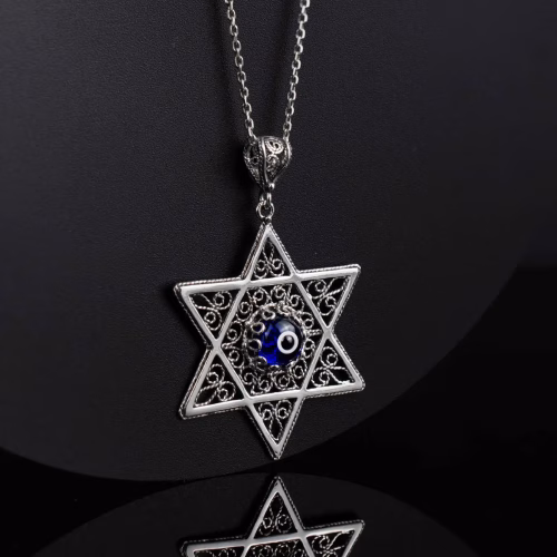 Filigree Art Evil Eye Stone Star of David Women Silver Pendant Necklace - Image 4
