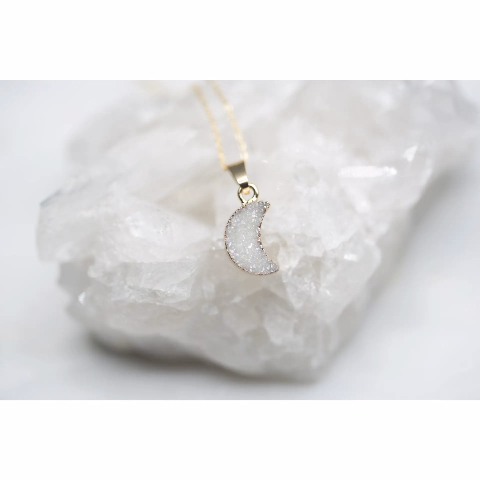 Elegant White Druzy Moon Necklace with Sparkling Titanium Coating - 14K Gold Filled Chain
