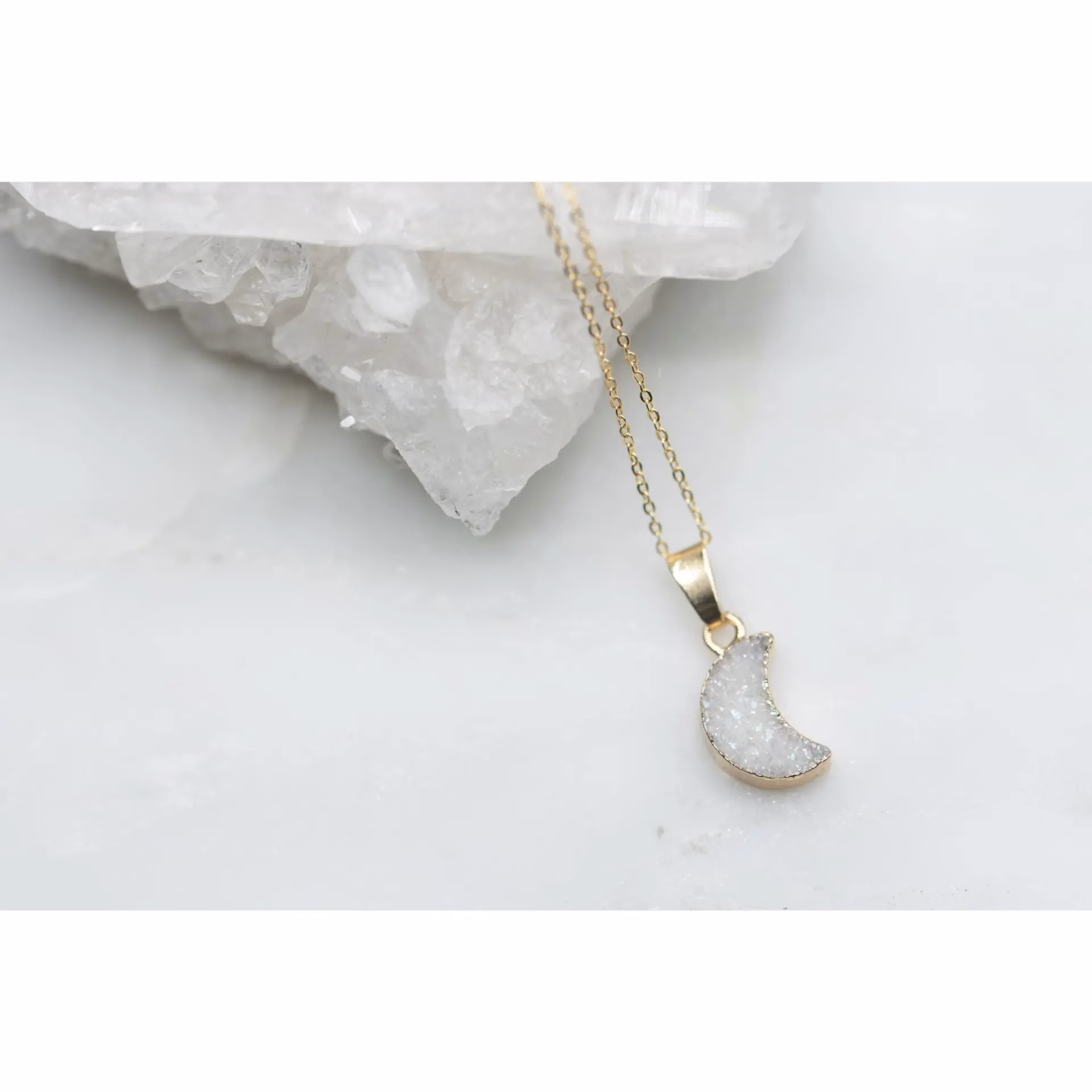 Elegant White Druzy Moon Necklace with Sparkling Titanium Coating - 14K Gold Filled Chain - Image 2