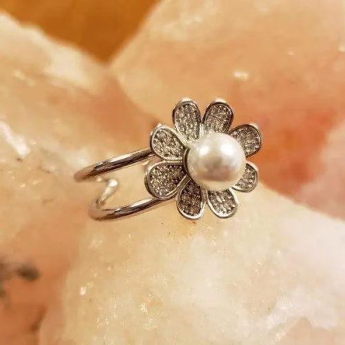 White Gold Dipped CZ Flower Acrylic Pearl