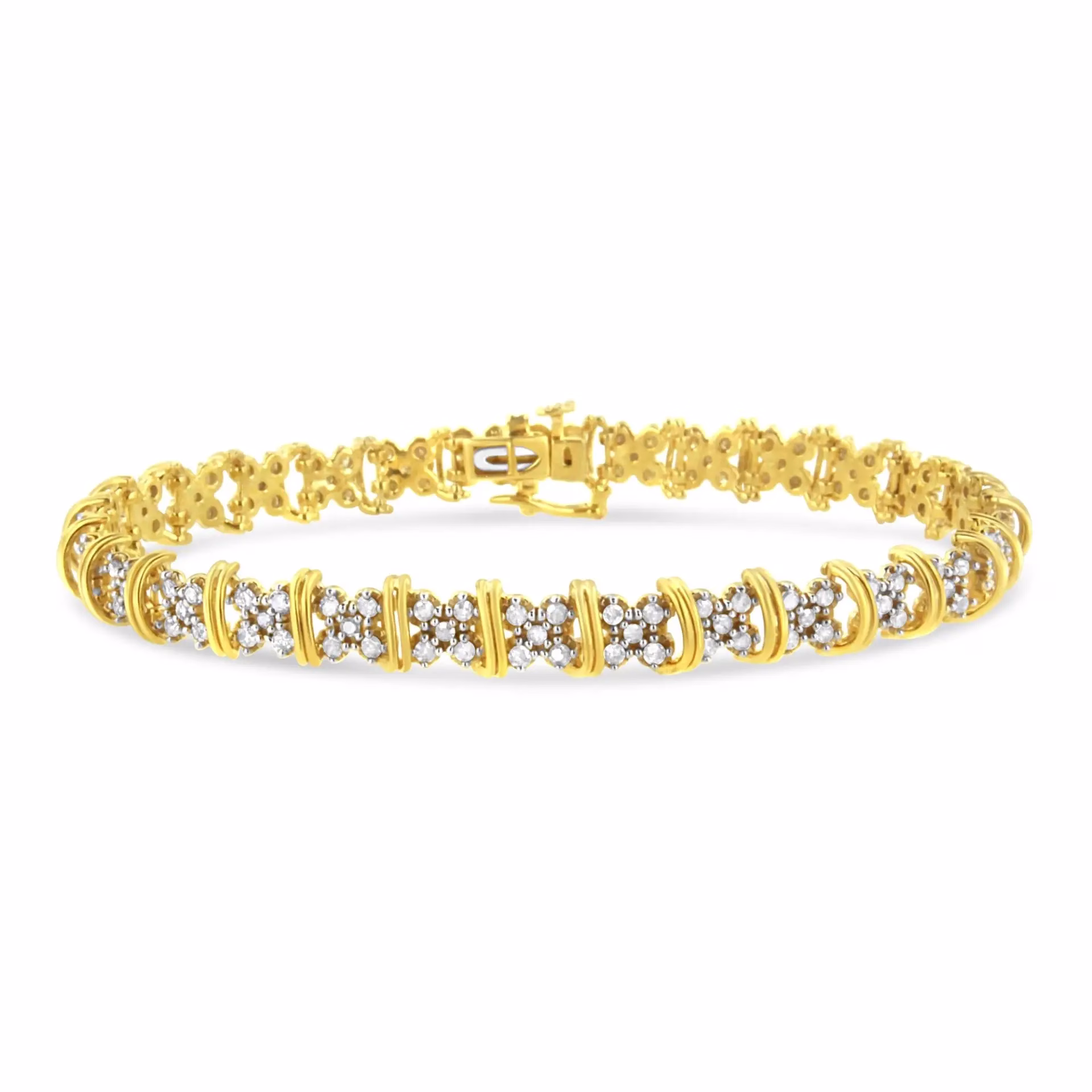 10K Yellow Gold Plated .925 Sterling Silver 2.0 Cttw Round Diamond Cluster 'X' Shaped Link Bracelet - 7'