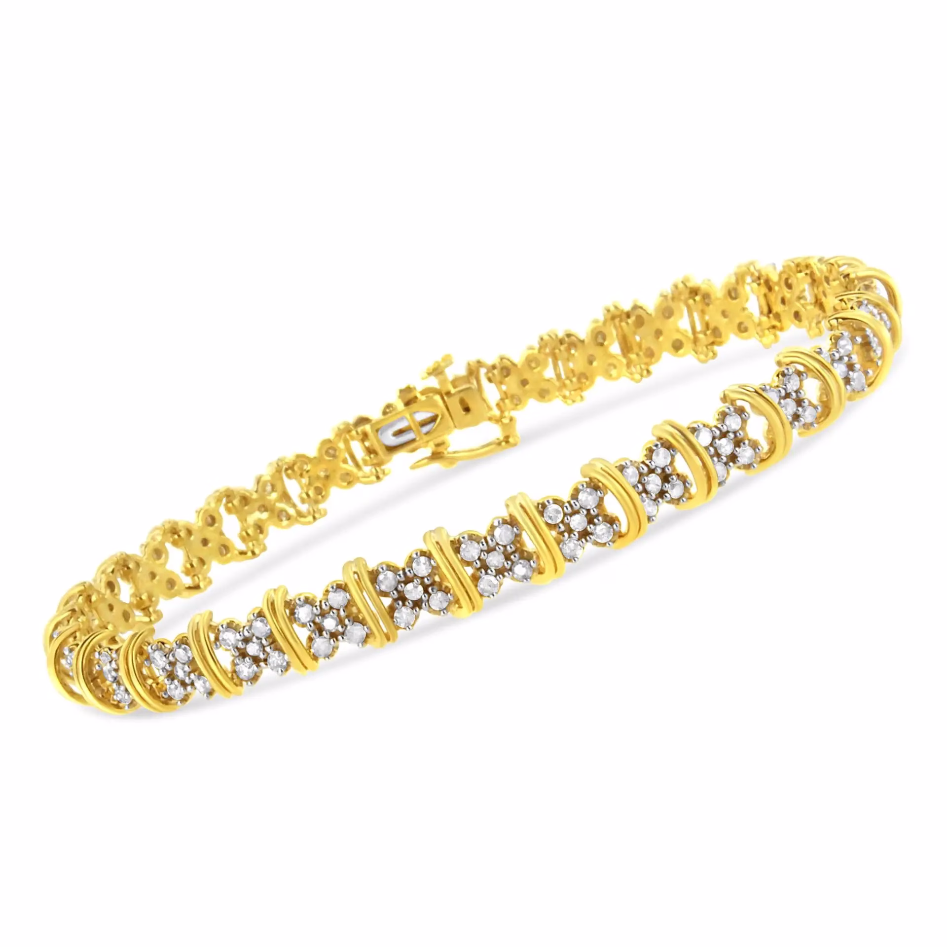 10K Yellow Gold Plated .925 Sterling Silver 2.0 Cttw Round Diamond Cluster 'X' Shaped Link Bracelet - 7' - Image 2