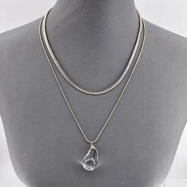 Elegant Double Layer Necklace with Clear Teardrop Pendant in Gold or Silver - Perfect for Any Occasion - Image 2