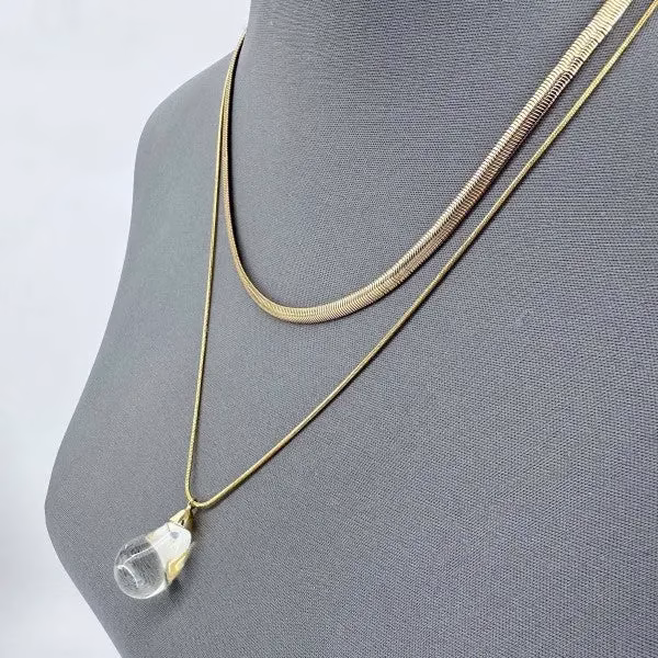 Elegant Double Layer Necklace with Clear Teardrop Pendant in Gold or Silver - Perfect for Any Occasion - Image 4