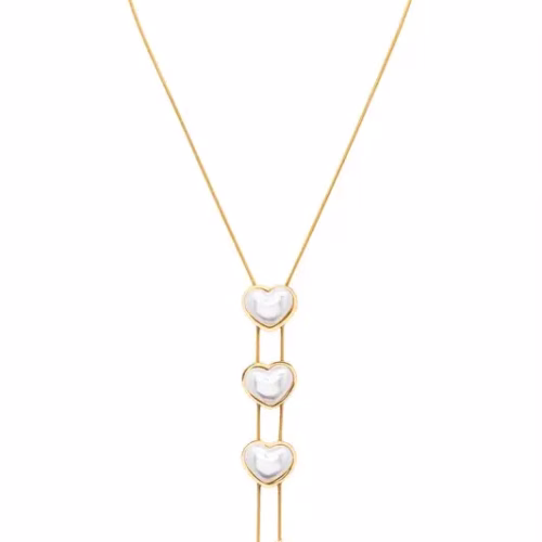 Faux Pearl Triple Heart Drop Pendant Necklace
