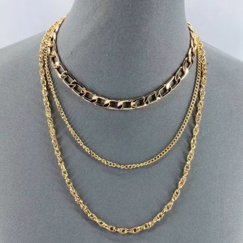 Multi Layered Gold Finish Necklace With Cuban Link