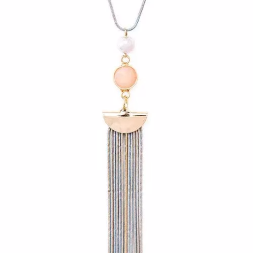Mix Tone Chain Tassel Stone Pendant Necklace Set