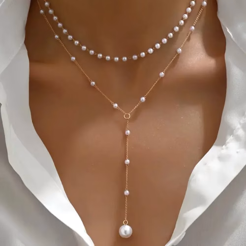 Elegant Imitation Pearl Necklace with Long Tassel Pendant Chain Perfect for Parties & Special Occasions