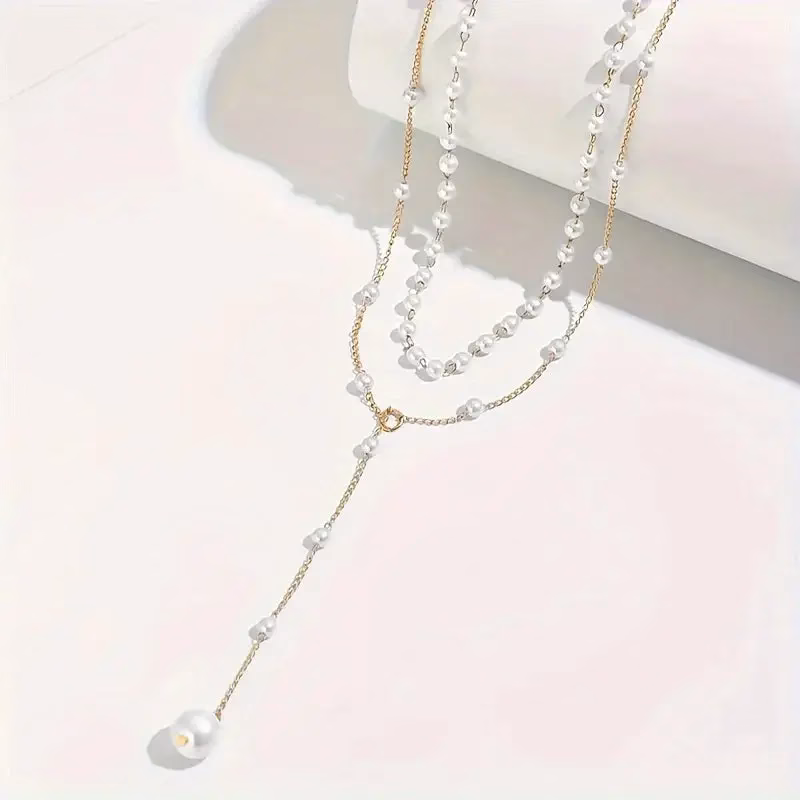 Elegant Imitation Pearl Necklace with Long Tassel Pendant Chain Perfect for Parties & Special Occasions - Image 3